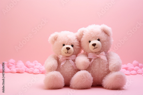 Cute stand chubby teddy bear couple holding valentine heart shape on pink background   Lovers' day celebration decoration   Birthday decoration with teddy bear couple   Love concept   Gift decorations © Charith Jeewantha
