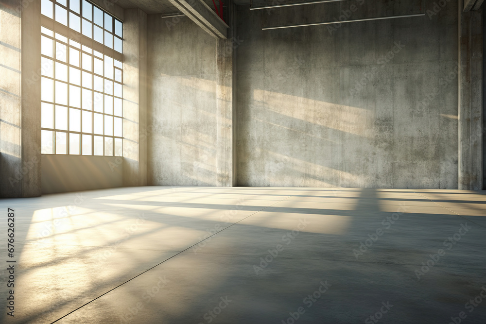 Set of empty concrete room with sunlight through the large window. Abstract architecture with cement floor.