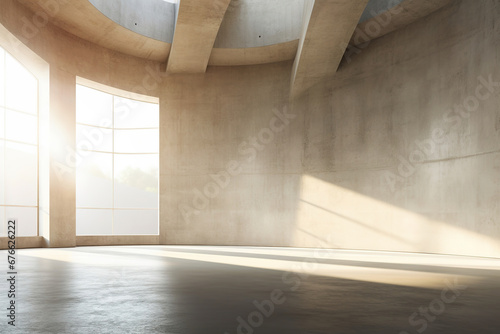 Set of empty concrete room with sunlight through the large window. Abstract architecture with cement floor.