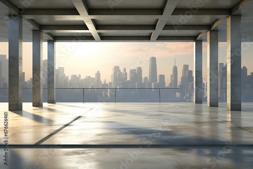 Set of abstract indoor architecture with empty concrete floor on cityscape background