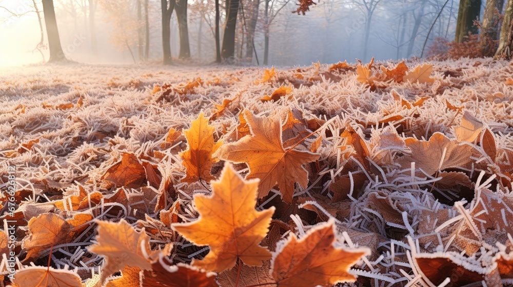 Beautiful colorful nature with bright orange leaves covered with frost in late autumn or early winter