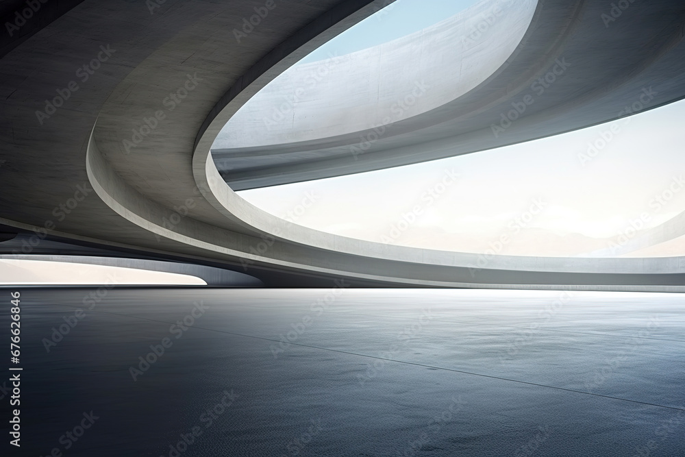 Obraz premium Set of abstract futuristic architecture with empty concrete floor design. Scene hall for car presentation.