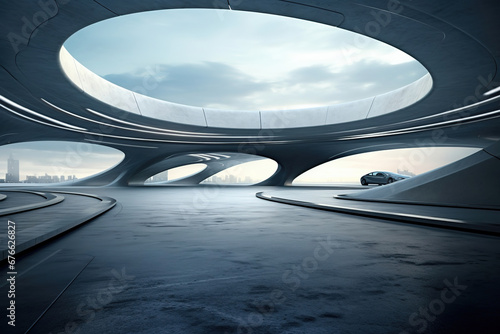 Set of abstract futuristic architecture with empty concrete floor design. Scene hall for car presentation.