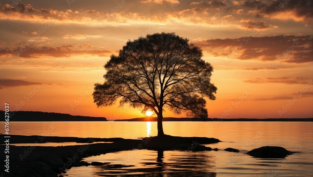 a lone tree is silhouetted against the setting sun

