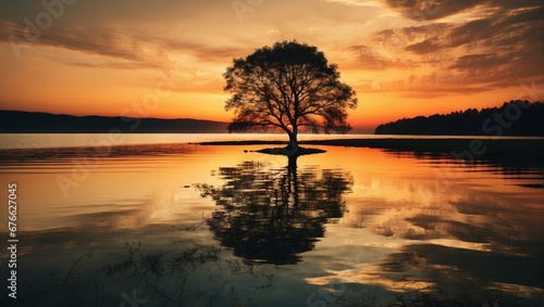 a lone tree is silhouetted against the setting sun  © noah