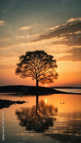 a lone tree is silhouetted against the setting sun 