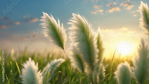 some white feathers are in the grass at sunset 