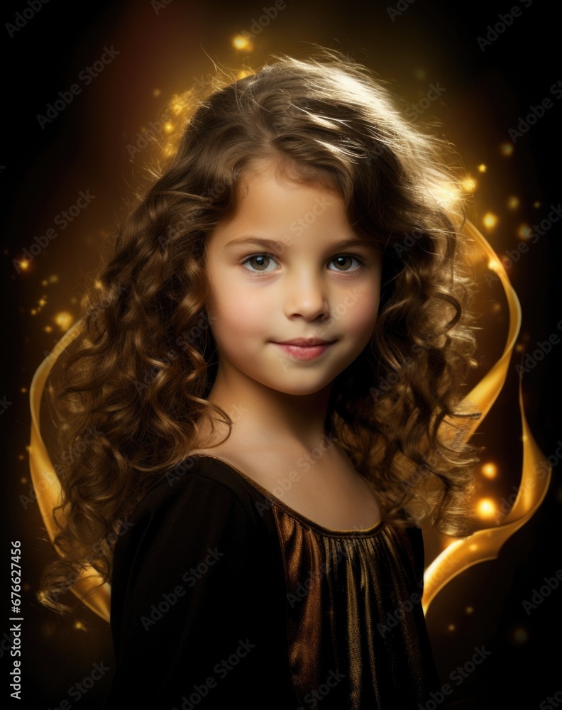 A little girl with curly hair and gold sparkles. Generative AI.