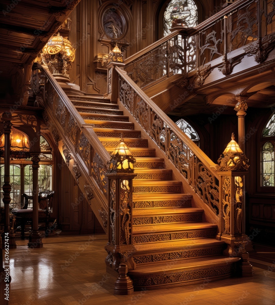 Obraz premium Wooden stairs in a house. Generative AI.