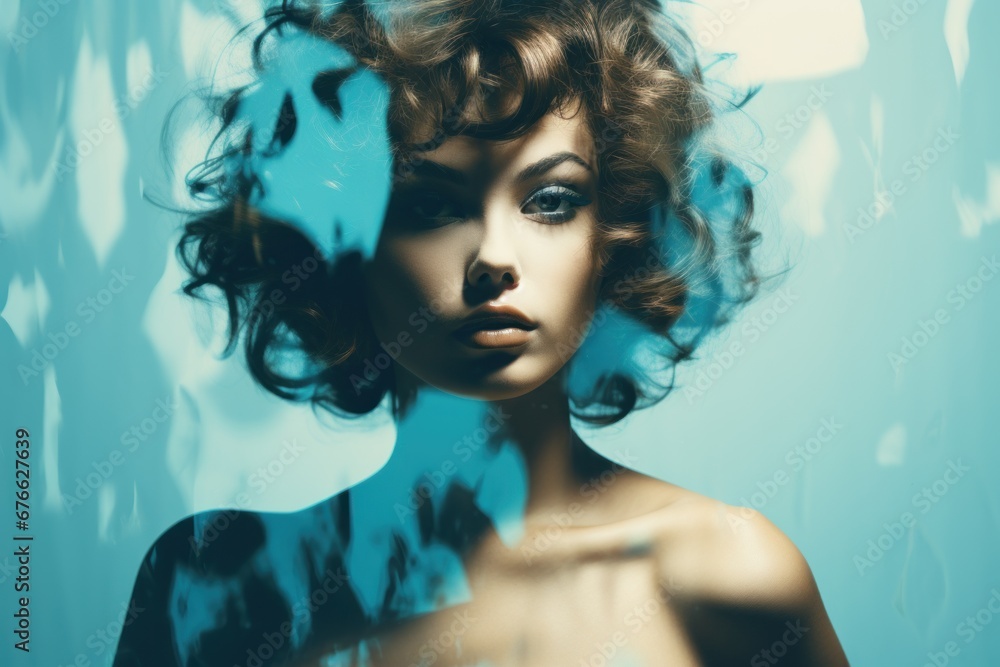 Fototapeta premium Portrait woman skinny flat background duotone. Generative AI.