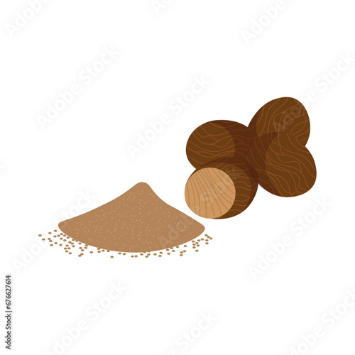 Nutmeg spice on white background