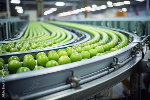 Green apple on conveyor belt in background of modern factory. Logistics concept of production and industry.