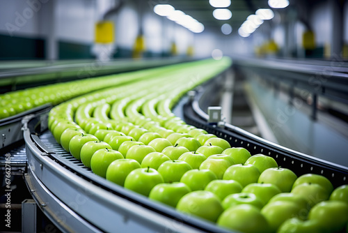 Green apple on conveyor belt in background of modern factory. Logistics concept of production and industry. photo