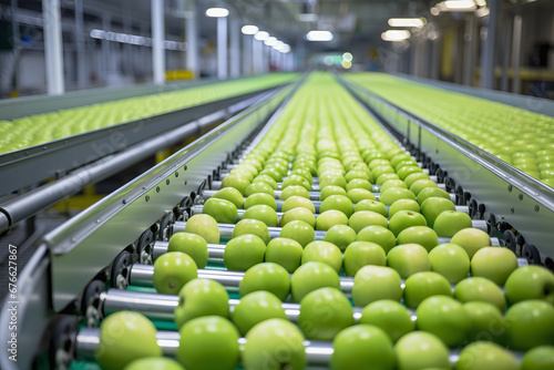 Green apple on conveyor belt in background of modern factory. Logistics concept of production and industry.