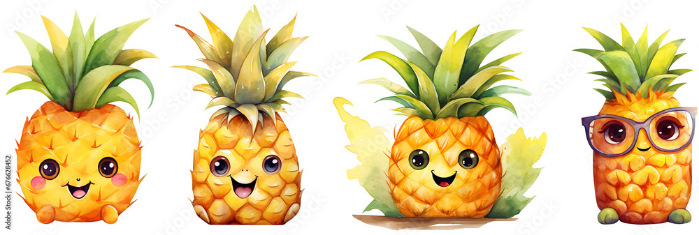 Fototapeta premium Watercolor cute cartoon pineapple bundle on a transparent background