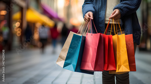 Happy shopping people. People shopping on sale with bags and walking. People on a shopping day. People buying gifts for Christmas.