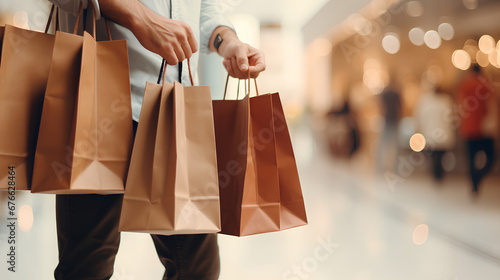 Happy shopping people. People shopping on sale with bags and walking. People on a shopping day. People buying gifts for Christmas.