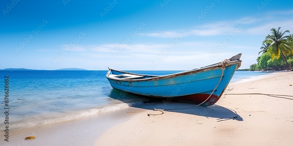 Fototapeta premium Capture the Beauty of Summer, A Boat on a Bright Beach at Sunrise for Stock Photography