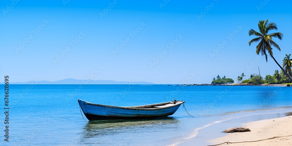 A Tranquil Summer Morning, Boat on a Bright Beach at Sunrise for Stock Photography