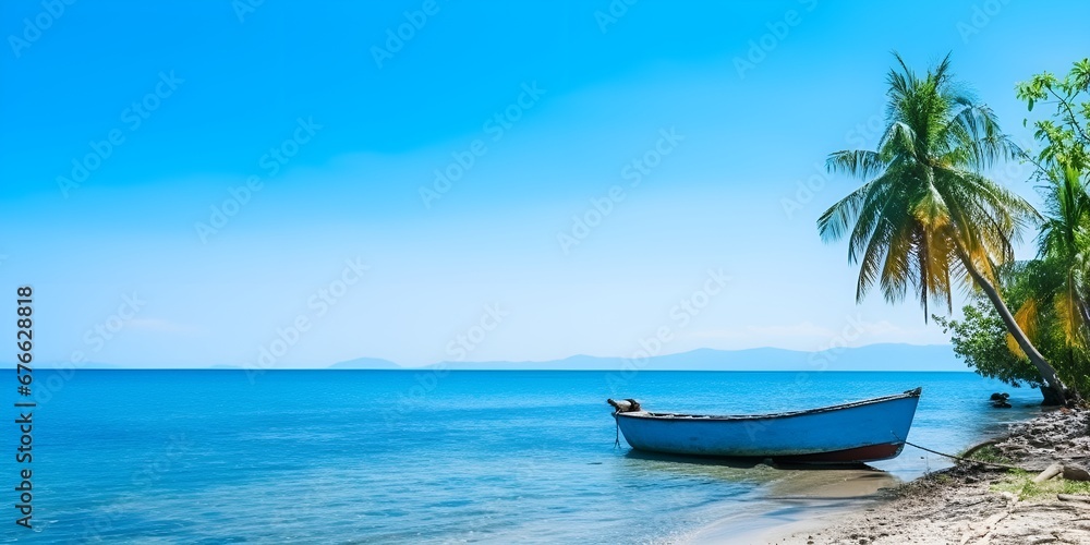 Fototapeta premium Sunrise on a Beautiful Beach with a Boat � Ideal for Summer Stock Photography