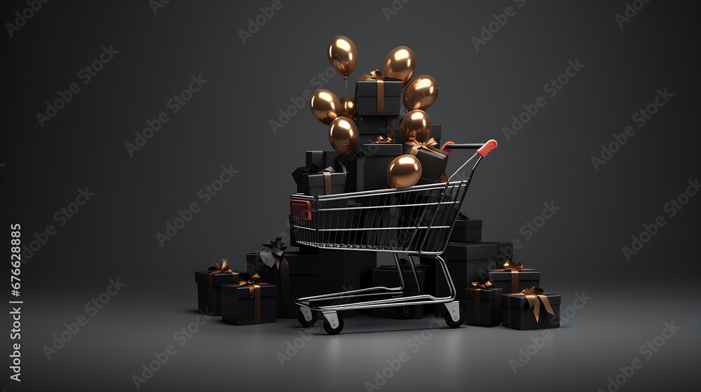 Shopping carts with black and elegant gifts. Shopping cart with gifts and balloons. Elegant gifts for Christmas. Shopping carts with black and elegant gifts. Shopping cart with gifts and balloons. Elegant gifts for Christmas.