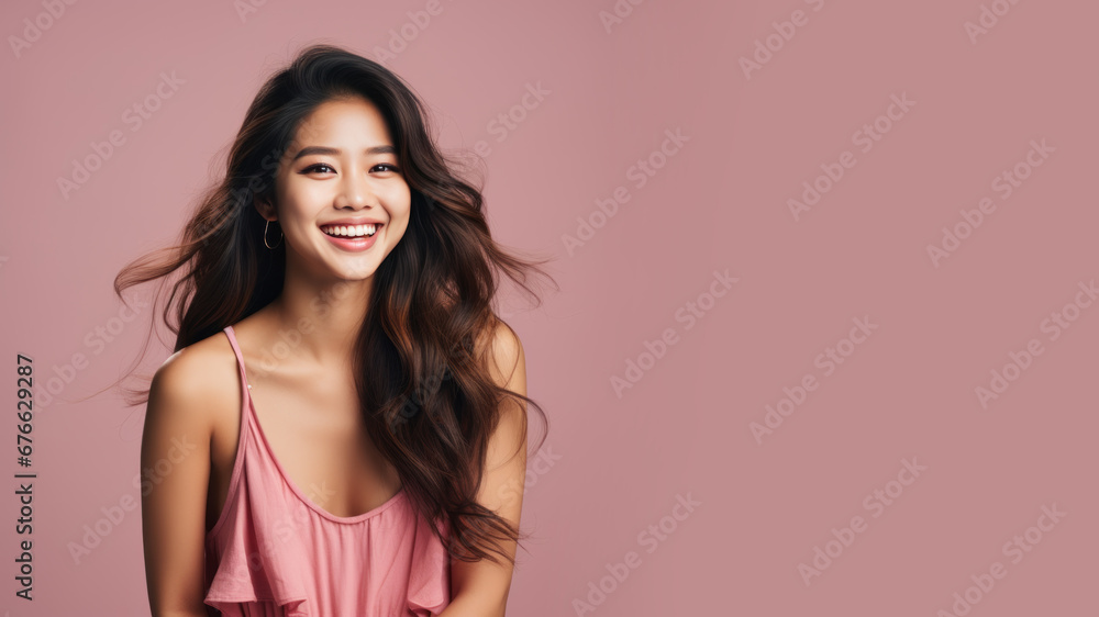 Asian woman model wear a pink sundress isolated on pastel background Asian woman model wear a pink sundress isolated on pastel background