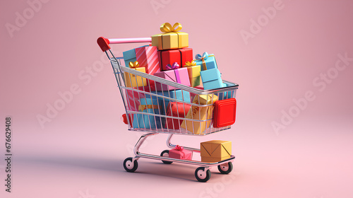 Shopping carts with pastel colored gifts. Shopping cart with gifts and balloons. Nice gifts.