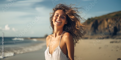 Happy Woman Enjoying on Beach A Summer Theme Shot for Holiday Enthusiasts