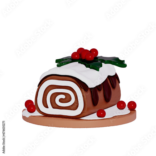 Photos Christmas Dessert 3D , a delicious yule log cake, with chocolate frosting on Transparent background