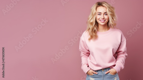 A blonde woman wearing pink sweatshirt isolated on pastel background