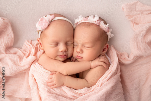 Tiny newborn twin girls. A newborn twin sleeps next to his sister. Newborn twin girls on the background of a pink blanket with pink bandages. The girls gently hug and kiss their sister in a cute pose 