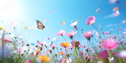 Graceful Butterfly in Flight above Pink Spring Blossoms, Ideal for Springtime and Nature Themes