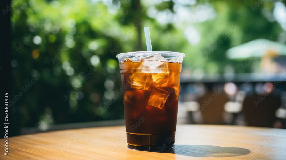 A black iced coffee on the table at a coffee shop. A black iced coffee on the table at a coffee shop.