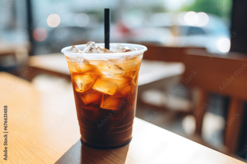 A black iced coffee on the table at a coffee shop. A black iced coffee on the table at a coffee shop.