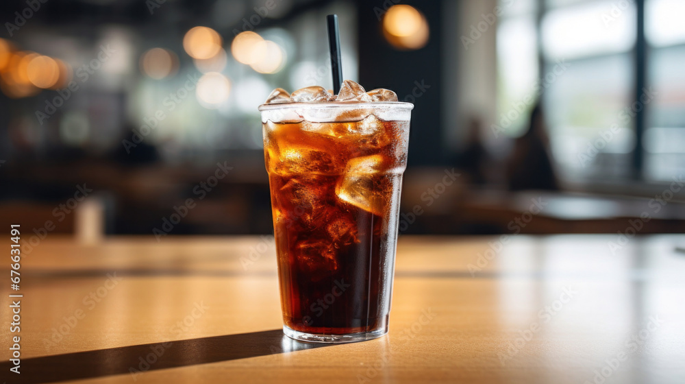 A black iced coffee on the table at a coffee shop. A black iced coffee on the table at a coffee shop.