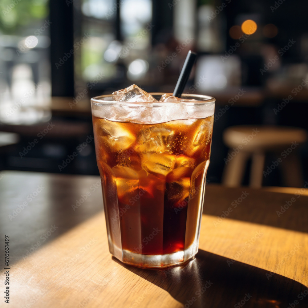 A black iced coffee on the table at a coffee shop. A black iced coffee on the table at a coffee shop.