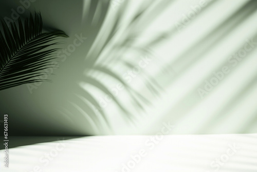 Empty room with green palm leaves with shadow on a green mint background. High quality photo