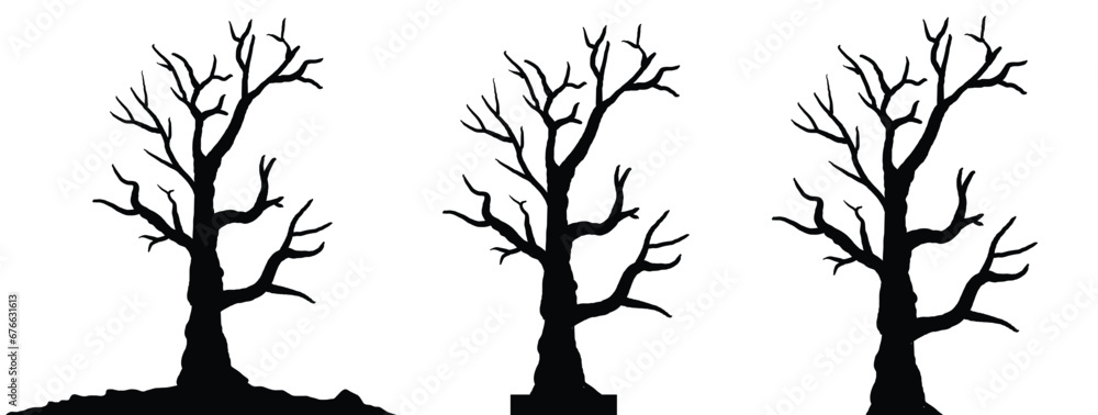 Obraz premium silhouette of dead tree vector illustration. silhouette of trees and branches without leaves. Bare Tree silhouette. Black Branch Tree vector. silhouette of a bare tree.