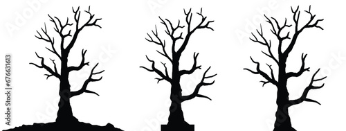 silhouette of dead tree vector illustration. silhouette of trees and branches without leaves. Bare Tree silhouette. Black Branch Tree vector. silhouette of a bare tree.