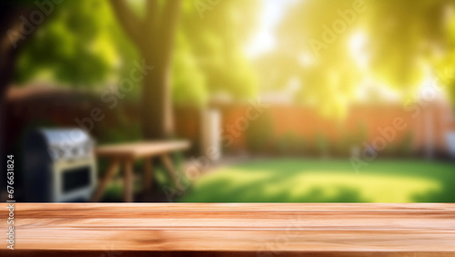 Wooden table top on blur garden home bbq background. Perfect for display or montage your products. High quality photo photo