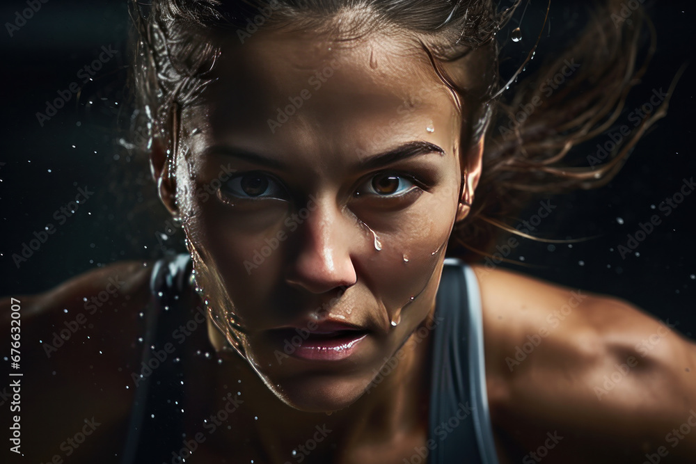A professional woman athlete with focus in his eyes and sweat pouring down. A professional woman athlete with focus in his eyes and sweat pouring down.