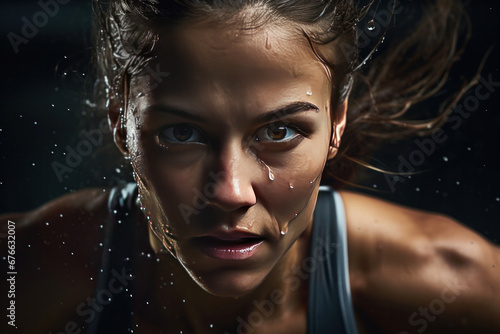 A professional woman athlete with focus in his eyes and sweat pouring down.