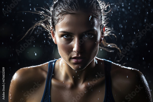A professional woman athlete with focus in his eyes and sweat pouring down.
