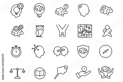 critical thinking icon set. critical, thinking, idea, think, brain, question, mindset, owl, etc. line icon style. Simple vector design editable