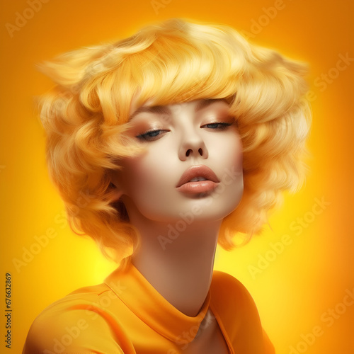 A woman with short, curly, orange-blonde hair, exuding an ultra-sweet look with pinkish lips and matching mascara.