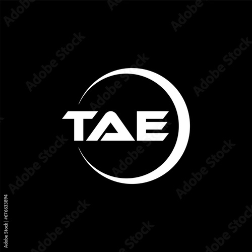 TAE letter logo design with black background in illustrator, cube logo, vector logo, modern alphabet font overlap style. calligraphy designs for logo, Poster, Invitation, etc. photo