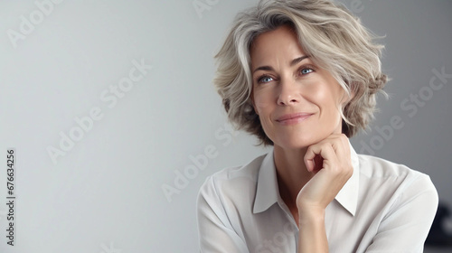 A Middle-Aged Woman With Short Hair Touching Her Chin With a Thoughtful Expression on Her Face photo