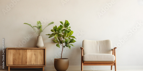 Gray velvet chair with side cabinet with plant pot in minimalist living room interior