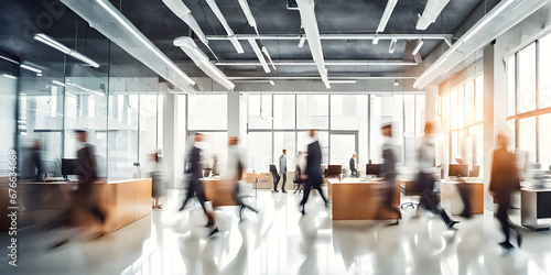 Bright business workplace with people in walking in blurred motion in modern office space.