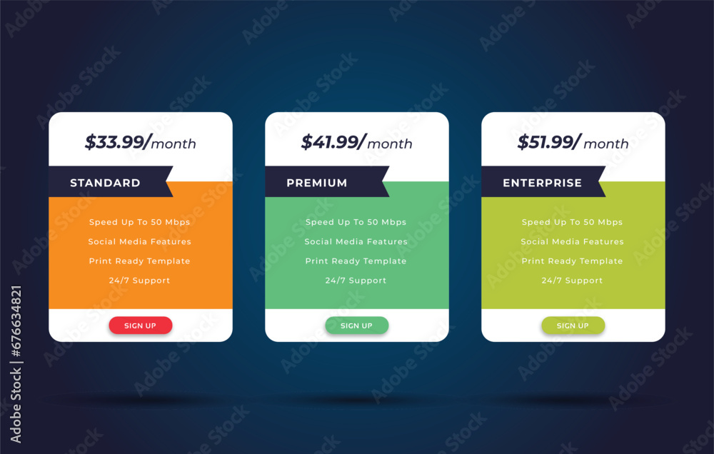 Modern pricing table design with colorful subscription plans, Hosting table banner, Colorful Pricing Table Design